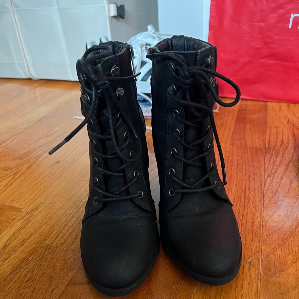 Black Lace-Up Ankle Heel Boots